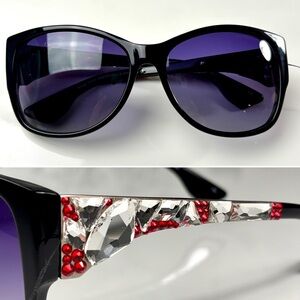 Jimmy Crystal Purple Lens Black Frame Sunglasses w/ Red & White Crystal Arms